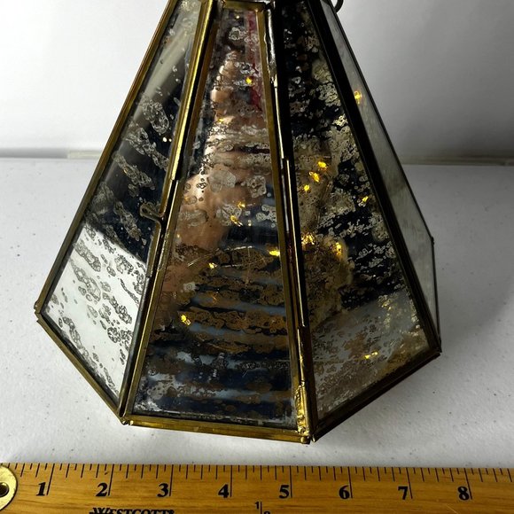 Mercury Glass Octagon Brass Lantern with LED Lights Strings 3 AAA Batteries Open - Picture 11 of 14